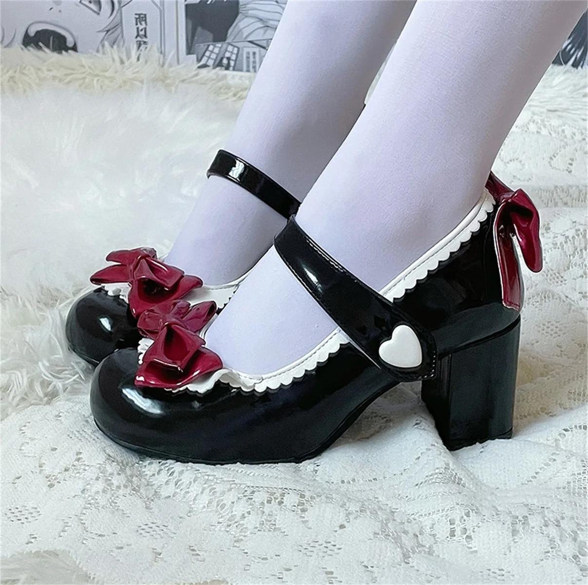 

Japanese College Style Lolita Cosplay Shoes Sweet Victorian Girls Bow Ruffled Love Button PU 5 - 8cm Medium Heel Shoes