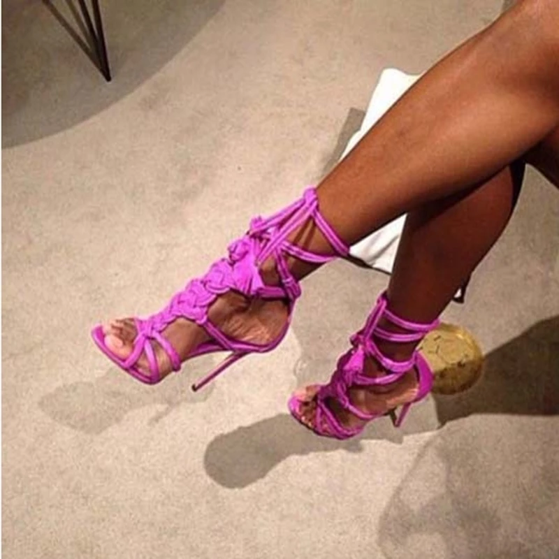 

Fashion Braided Straps Tassels Women Sandals Open Toe Woven Rope Hollow Ankle Wrap Thin Heels Summer Dress Shoes