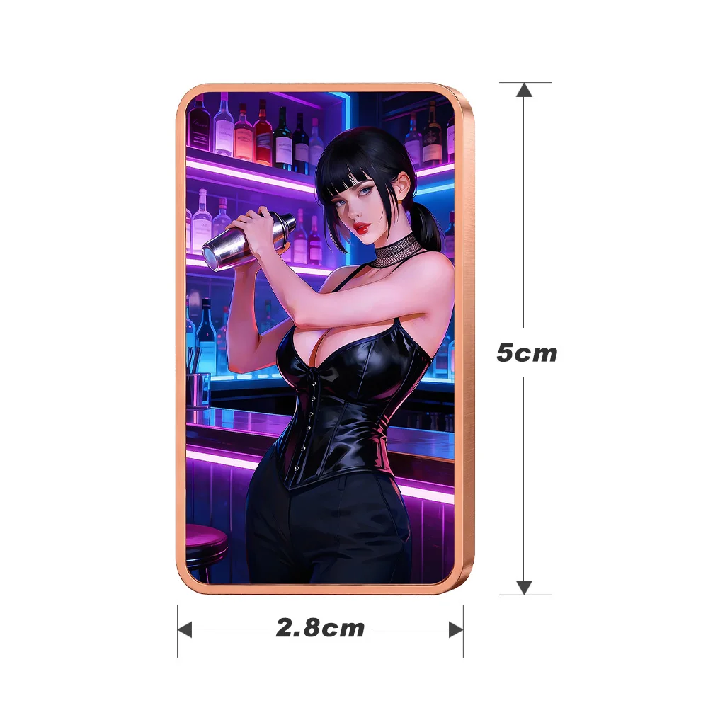 1oz .999 Pure Copper Bar Neon Night Club Bartender Girl Leather Outfit Cocktail Shaker Sexy Anime Art Colorized Collectible Gift