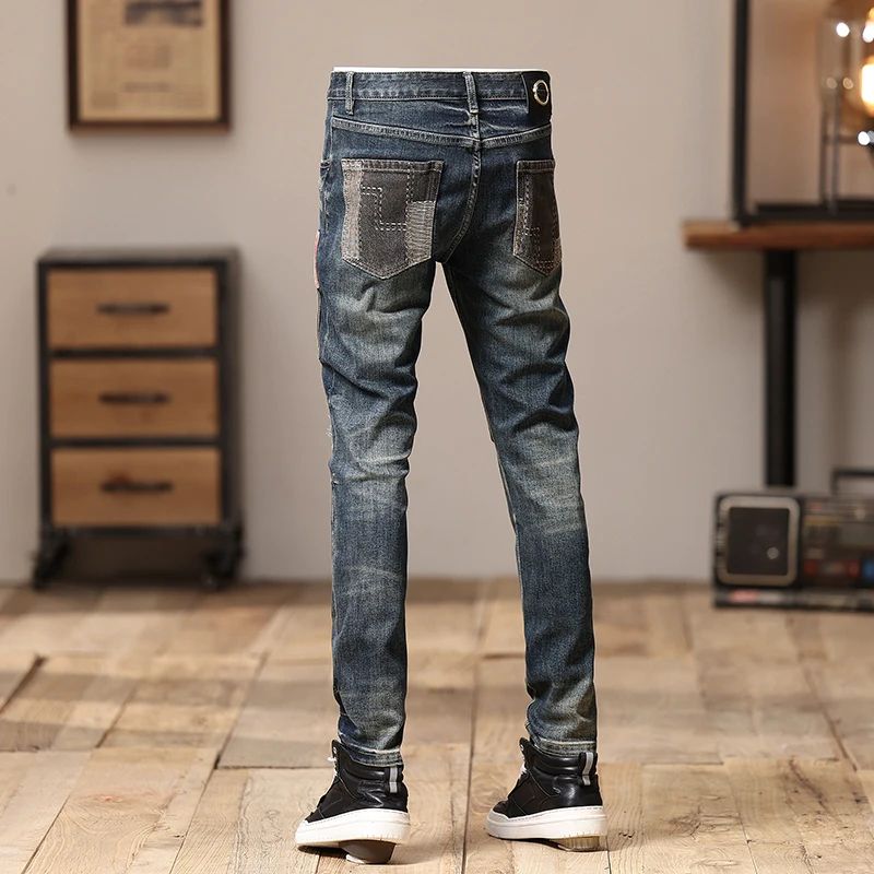 Fashion Streetwear Men Jeans Retro Washed Blue Stretch Skinny Fit Ripped Jeans Men Patched Designer Hip Hop Denim Pencil Pants