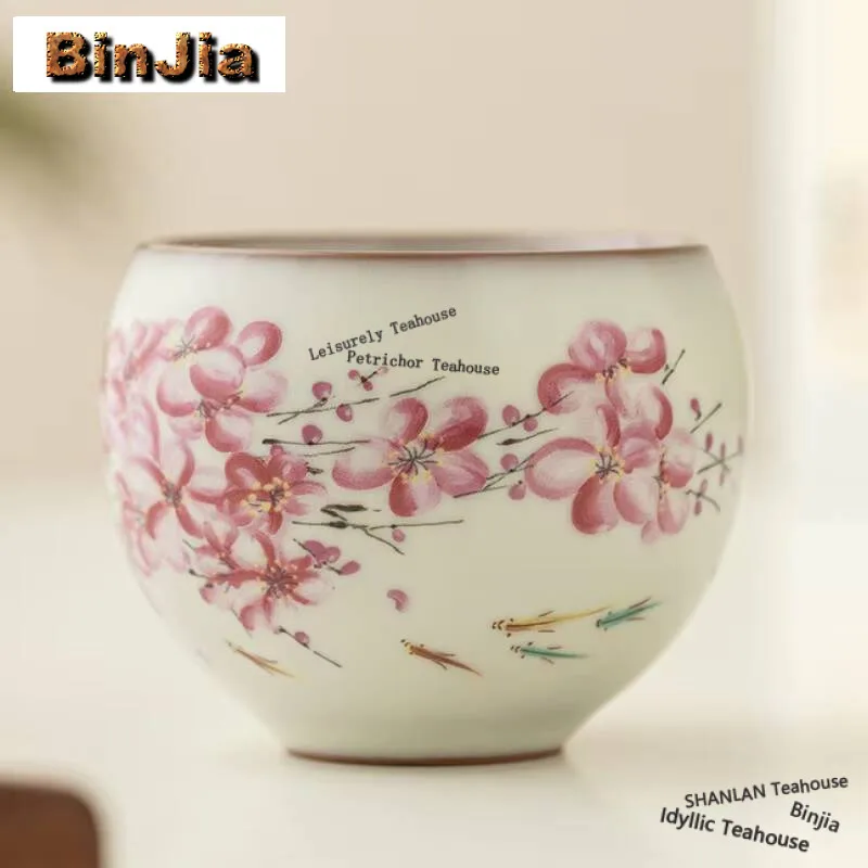 100ml High-end Lard Jelly Ru Kiln Teacup Pink Fish Play Pear Flowers Single Master Cup Tasting Tea Bowl Women's Kung Fu Tea Set