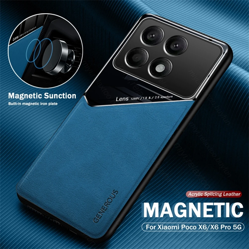 Phone Case Poko Little Pocox6pro Case Car Magnetic Holder Leather Back Cover For Xiaomi Poco X6 Pro X 6 X6pro Tpu Soft Frame Pro