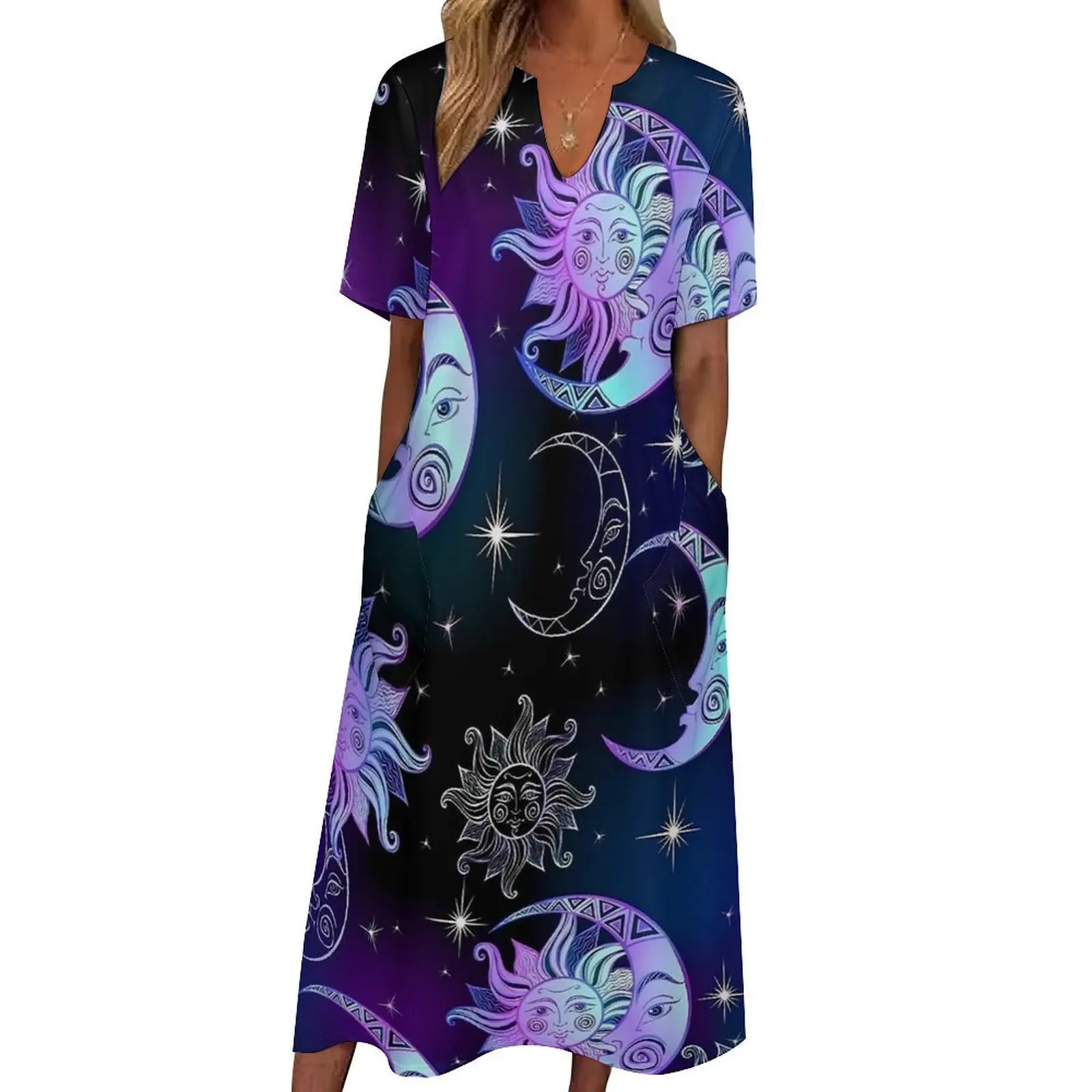 Whimsical Purple Moon And Star Cosmos Dress Elegant Maxi Dress V Neck  Boho Beach Long Dresses Street Wear Big Size Vestido