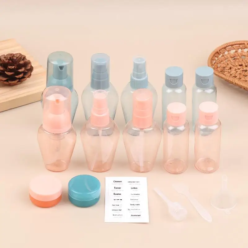 Kit de artículos de tocador con botellas de viaje portátiles, juego a prueba de fugas, contenedores cosméticos transparentes de tamaño de vuelo para loción y champú, 10 Uds.