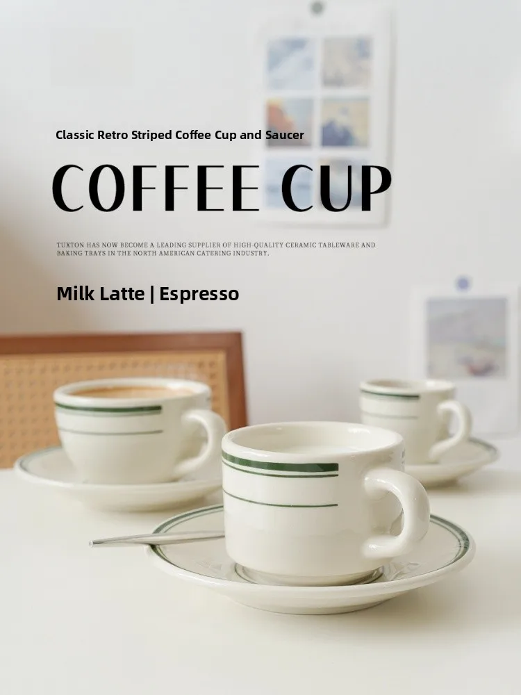 Tuxtont Green Line Ceramic Coffee Cup And Plate Set Ins Style Retro Korean Italian Espresso Latte Cap Cup Durable Heat Resistant