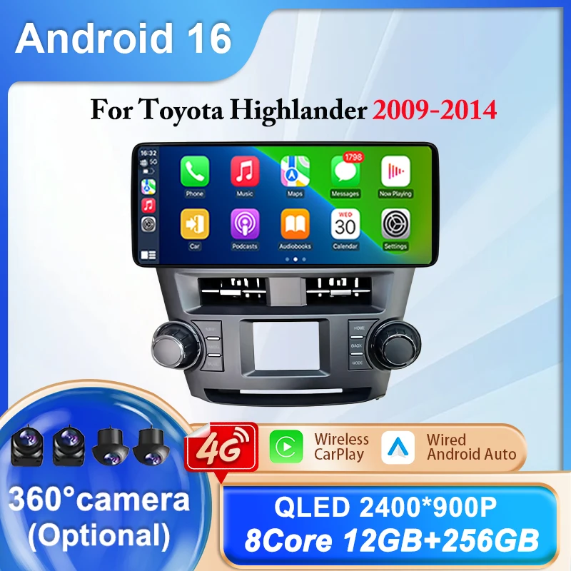 

12.3" Android 16 CarPlay GPS Navigation Bluetooth DSP Split screen Multimedia Player Car Radio for Toyota Highlander 2009-2014