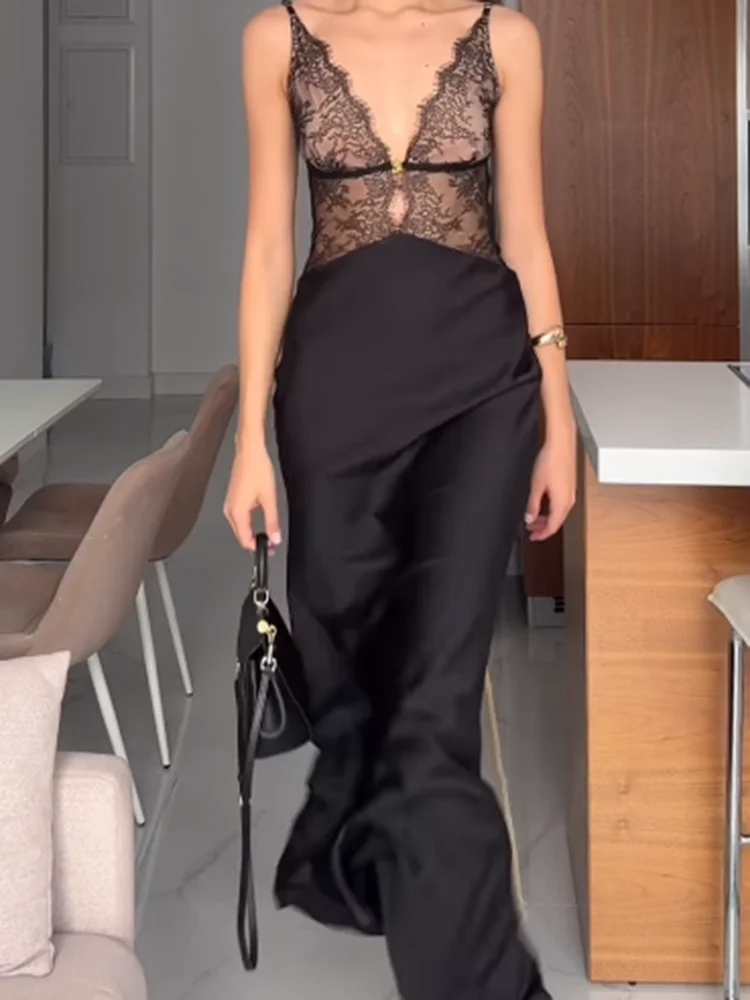 Ticketsx Elegante Spitze Abendkleider Schwarz Luxus Spitze Patchwork Ärmelloses V-ausschnitt Rückenfreies Kleid Neue Mode Frauen Party Kleid