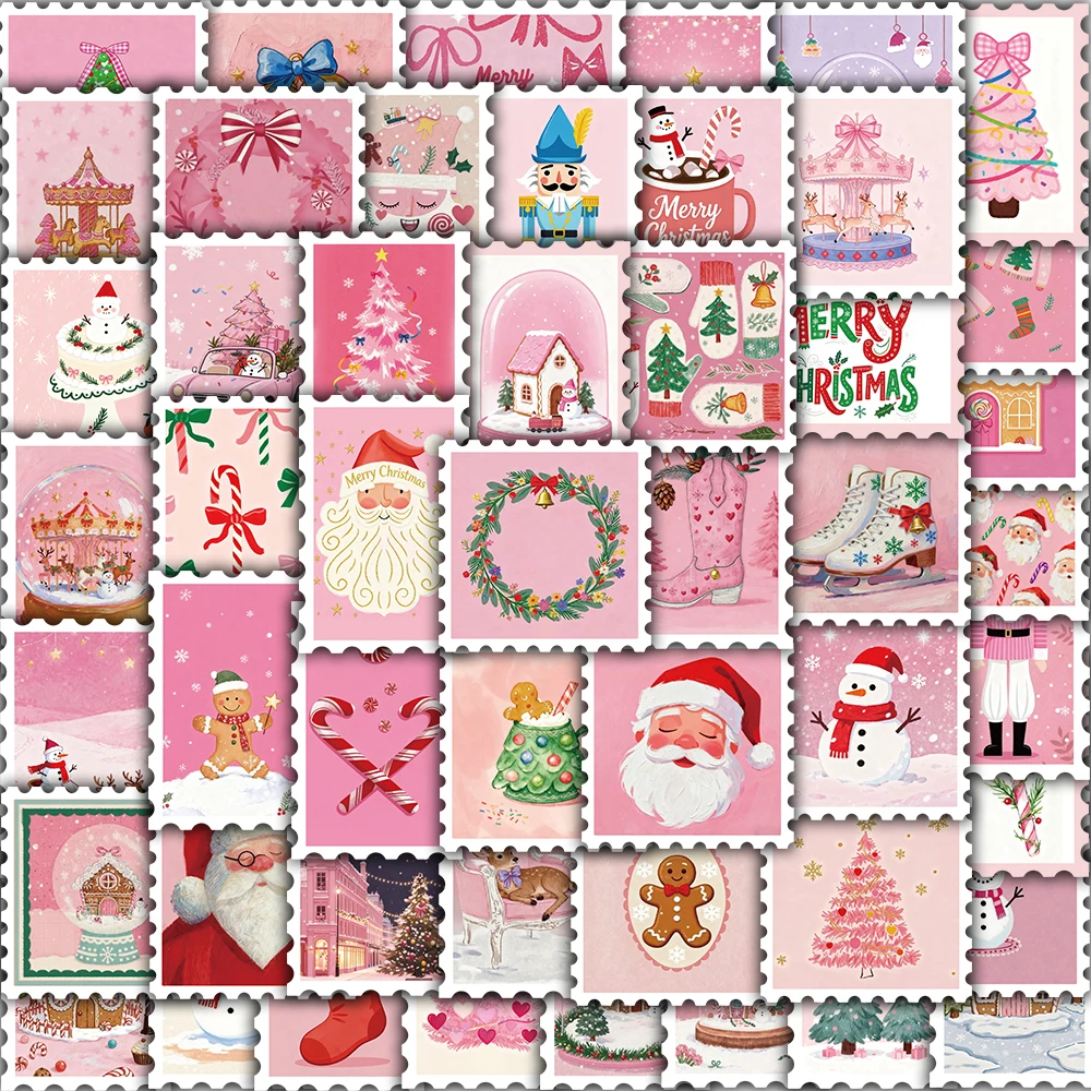 50PCS Happy Pink Christmas Stamps Sticker Creative Luggage Cartoon Phone Graffiti Cafe Bicycle Aesthetic Art Decor Stickers
