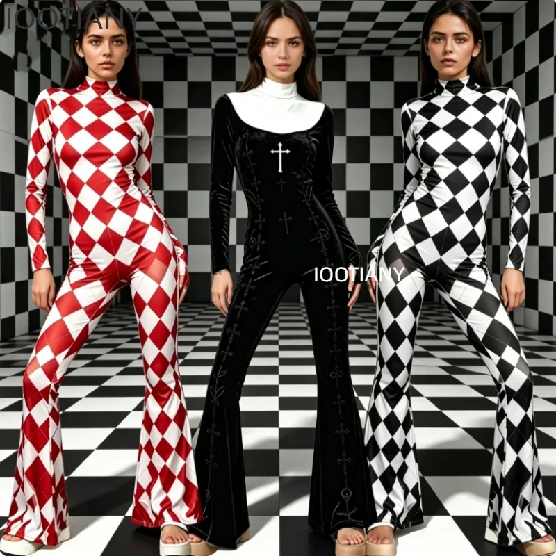 IOOTIANY Gothic Kreuz Nonnen-Maid Schlaghosen-Bodysuit Clown Zirkus Karierter Schlaghosen-Jumpsuit Stierkampf Festival Zentai Anzug 2026