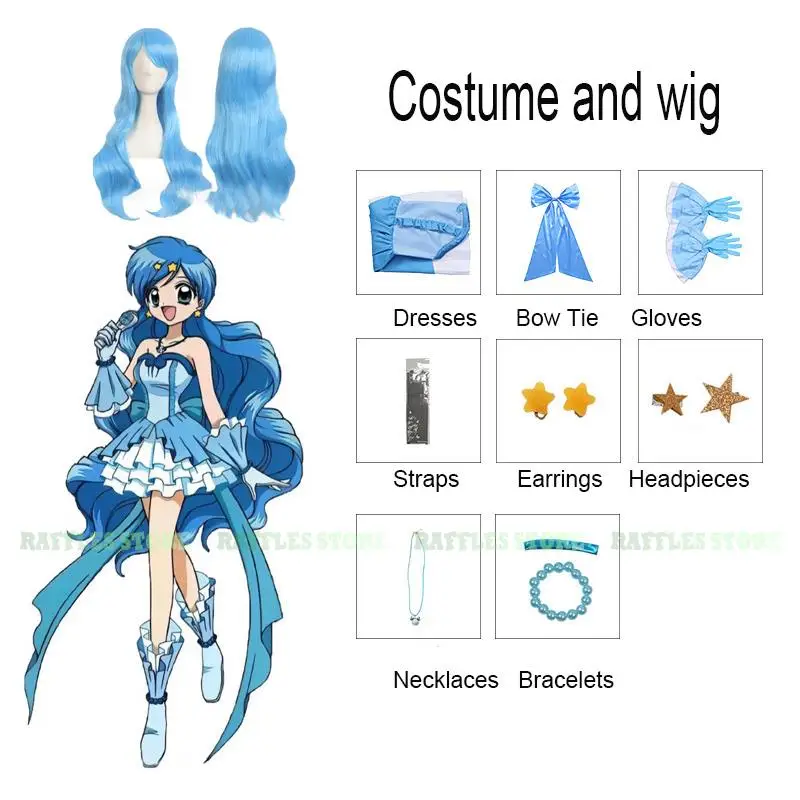 Hanon Hosho Cosplay Costume Wig Blue Mermaid Melody Dress Hanon Dress Cosplay Costume Wig Gloves Halloween Princesses Gown