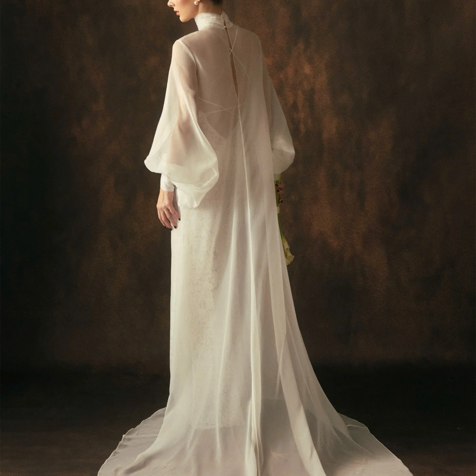 Two Piece Wedding Dress High Neck Puff Long Sleeve Sheer Chiffon Outer Coat Lace Slip Bridal Gown Small Train Bride Party Dress