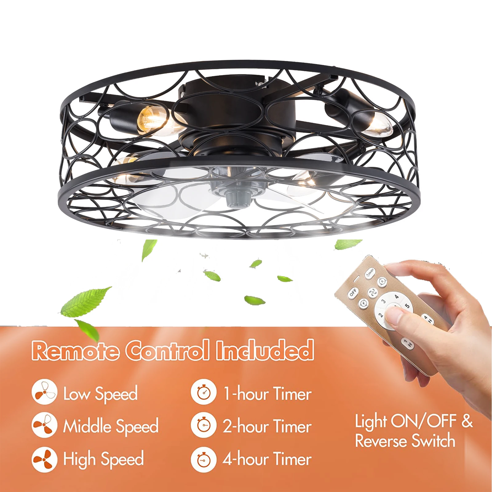 18 Inch 3 Speeds Ceiling Fan Light 1/2/4H Timer with Remote Control  Reversible Rotation Hollow Cage Black Finish for Living Room Bedroom Home Indoor Use