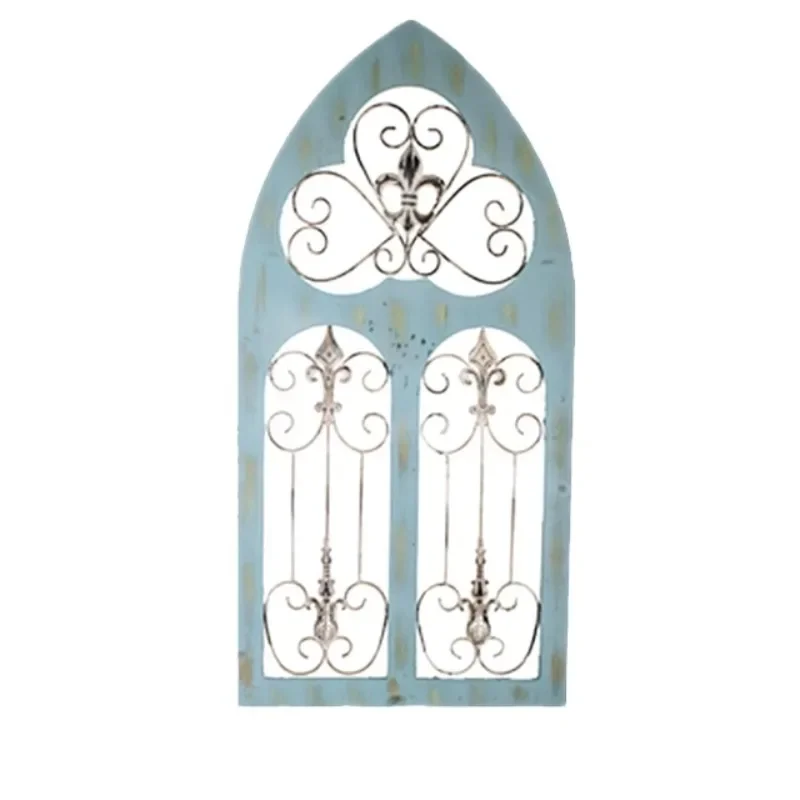 American wall wrought iron fake window simulation retro pendant courtyard garden decoration pendant French arched frame old