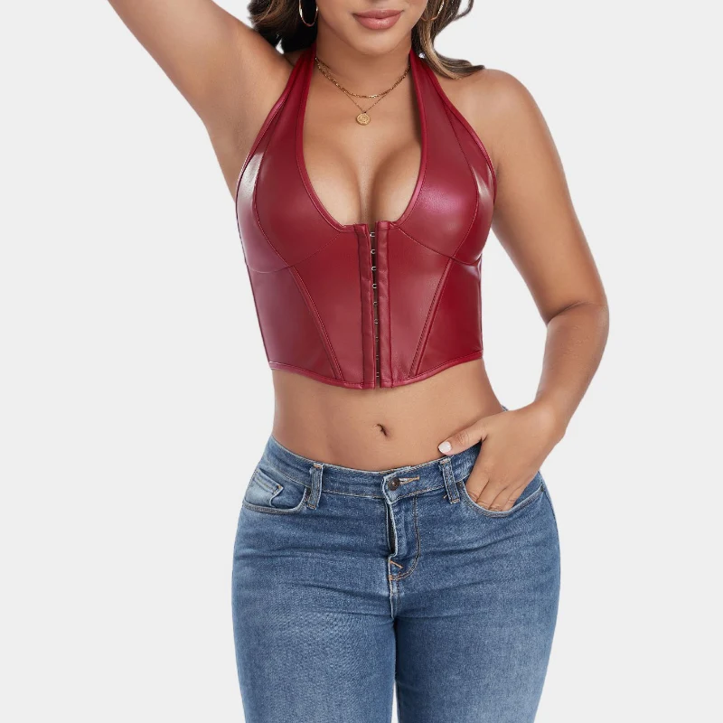 

Sexy Bustier Top Burgundy Corset Top PU Leather Plus Size For Women Overbust Corsette Top Korset For Party Sleeveless Lace Up