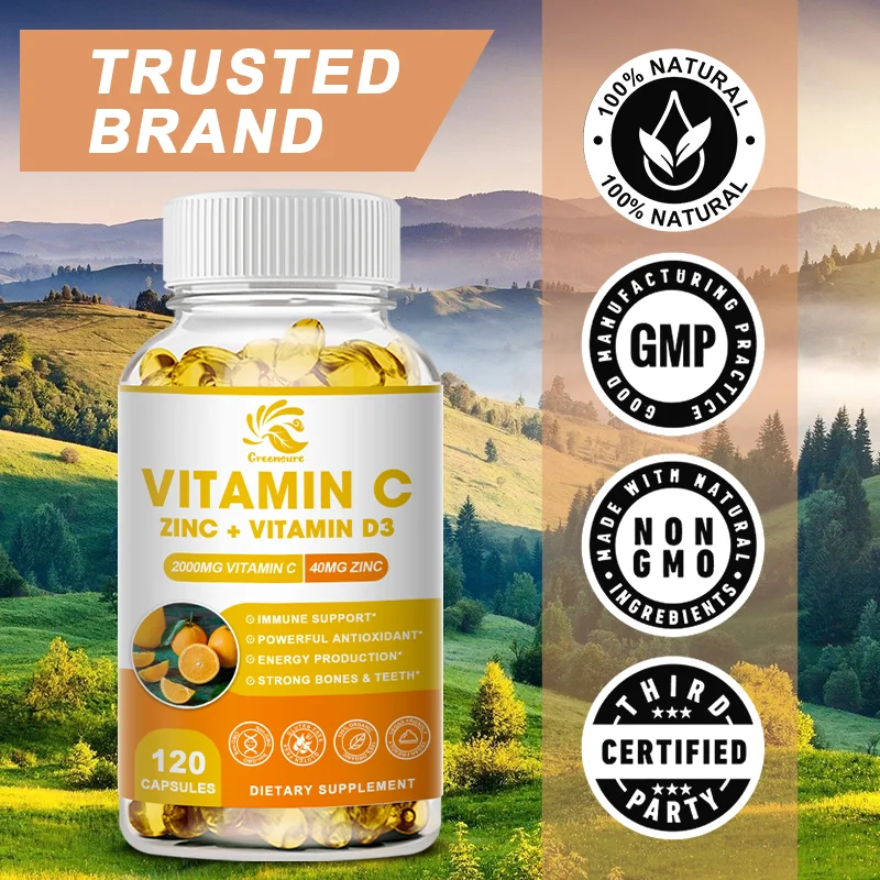 Greensure 60/120 Pcs Organic Vitamin C + Zinc & Vitamin D3 Capsules Immune Support for Adults & Kids - Immune Booster