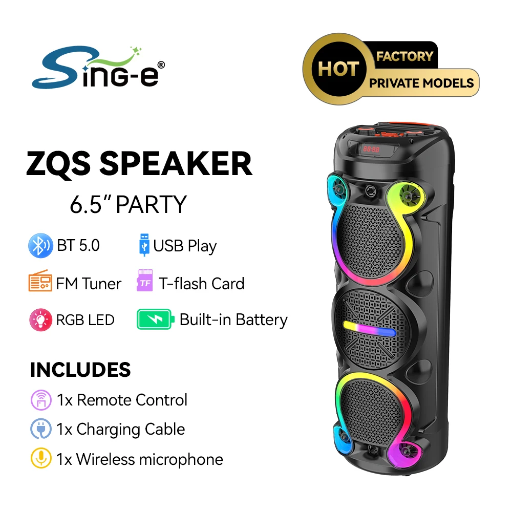 SING-E ZQS6302カラオケスピーカー、パワフルなオーディオ機器/ボックス、ポータブルミュージックボックス、マイクジャック付き、カラーフラッシュスピーカー