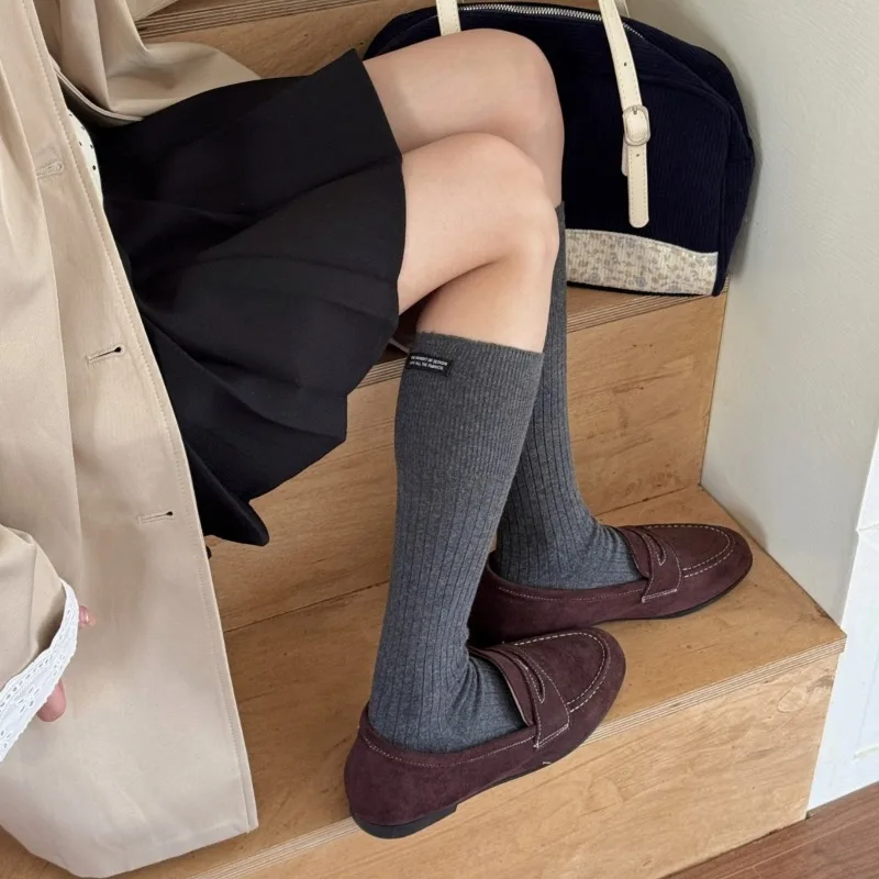 SP&CITY Korean Calf Socks with Letter Labels Women's Casual Solid Cotton Pile Socks College Style Soft Breathable High Tube Sock