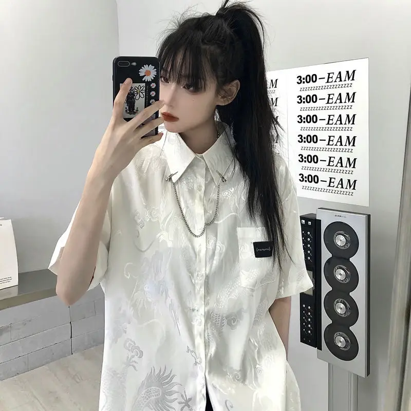 Japanese Fashion Short Sleeve Button Up Shirt Chain Blouse for Women Ladies Korean Clothes Chinese Dragon Embroidery Clothing