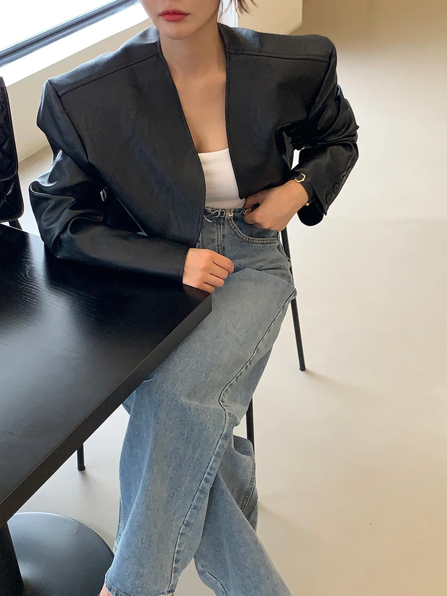 Giacca in Pelle PU Opaca da Donna, Elegante, con Collo Rotondo, Vestibilità Morbida, Effetto Snellente, Corta, alla Moda