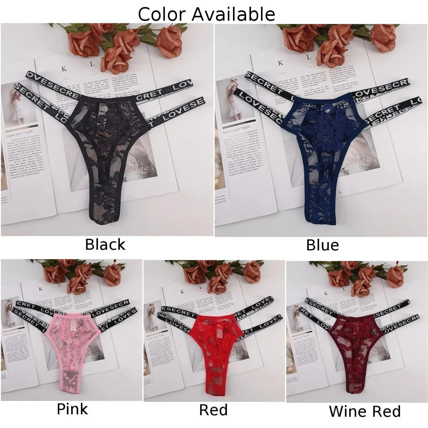 Tanga de encaje Sexy para mujer, bragas con cinturón fino con estampado de letras, lencería con espalda en T, ropa interior elástica de tiro bajo, pantalones eróticos