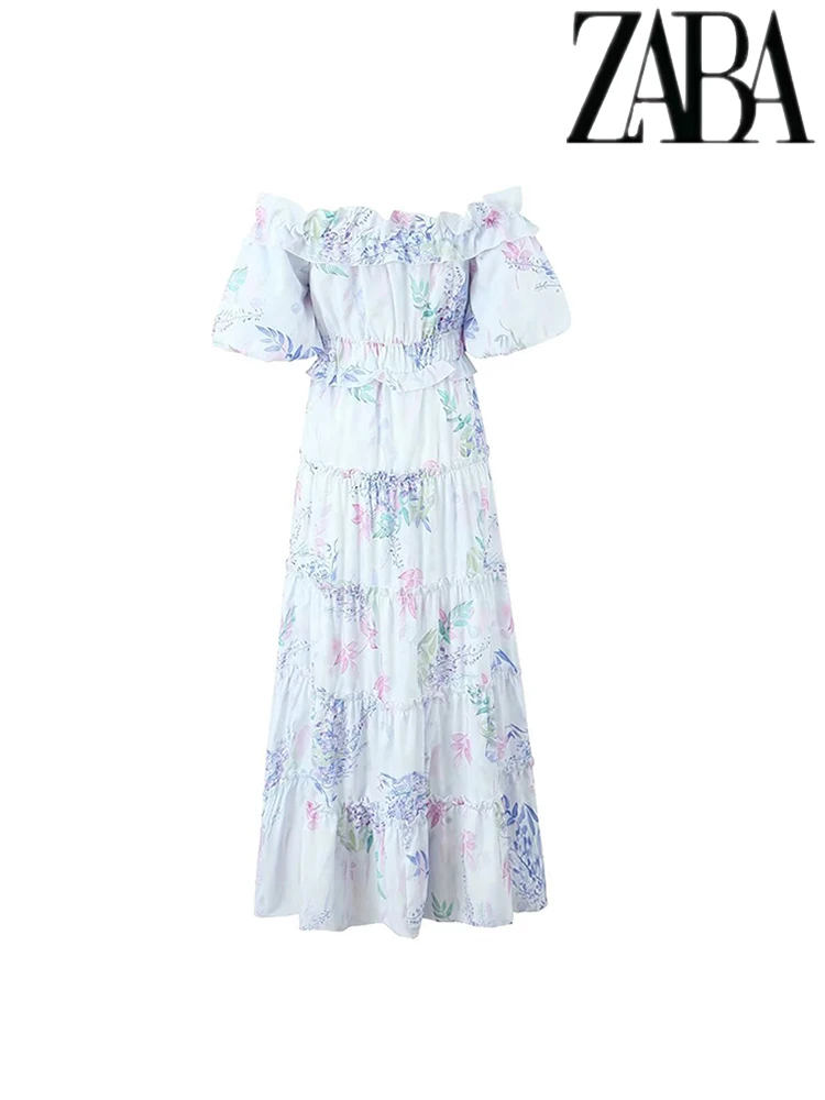 TRAF Women\'s Summer Street Fairy Style Dresses Bubble Sleeve Floral Short Sleeve Long Dresses Hundred Casual One Shoulder Dresse