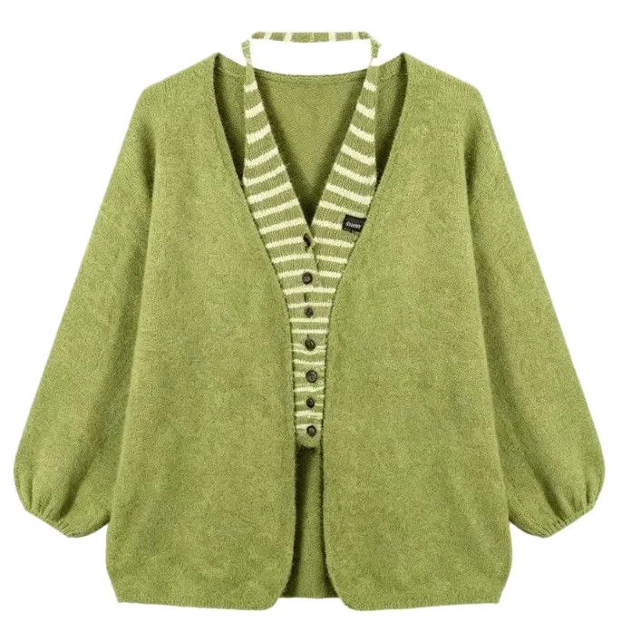 Women's Lazy Style Knit Cardigan, Loose V-neck Korean Striped Sweater Coat