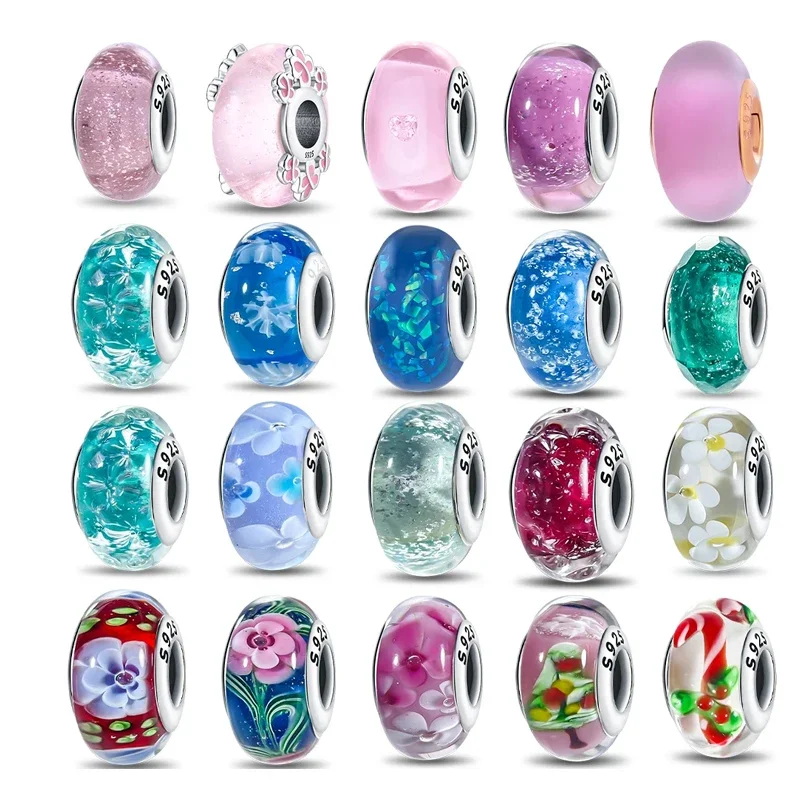 Blue Floral 925 Sterling Silver Charms Bead Fit Original Bracelet Bag Keychain Earring Charm Bead Pendant Diy Women Jewelry Gift