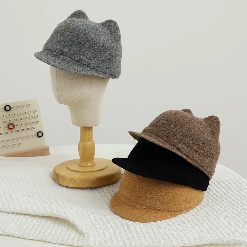 Winter Wool Felt Baby Hat Cute Cat Ears Toddler Boys Girls Equestrian Cap  Solid Color Warm Kids Duck Tongue Caps