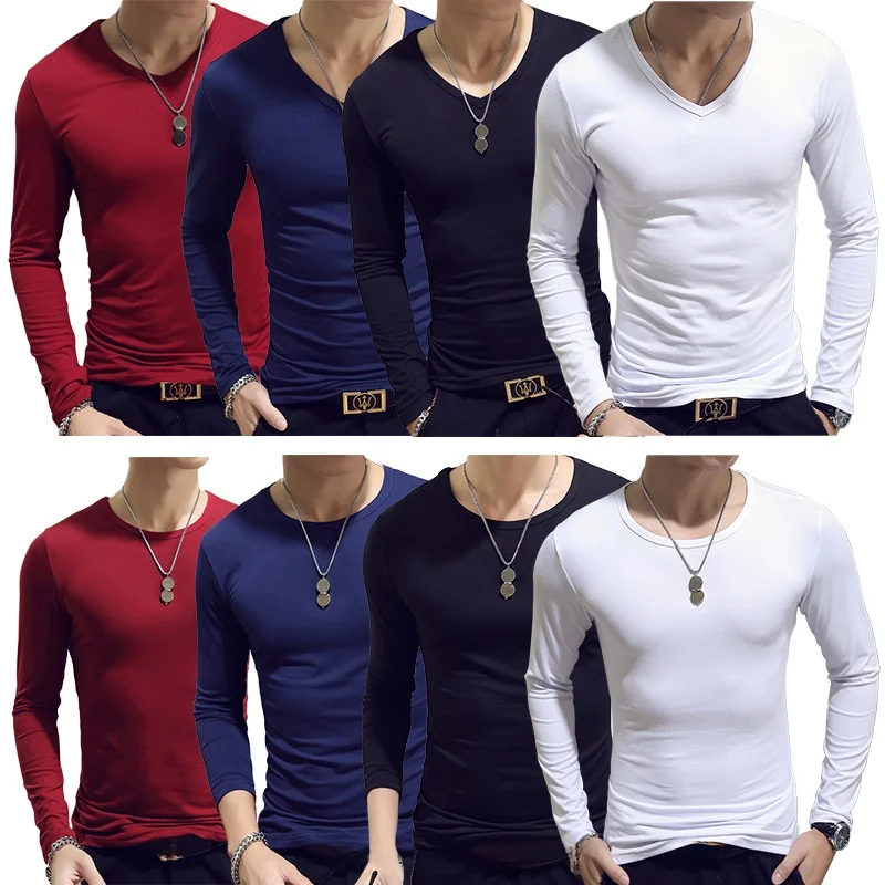 Men's Long Sleeve round Neck T-Shirt Slim Fit Youthful Style Henry Shirt Collar Nine Points Sleeve Base Top