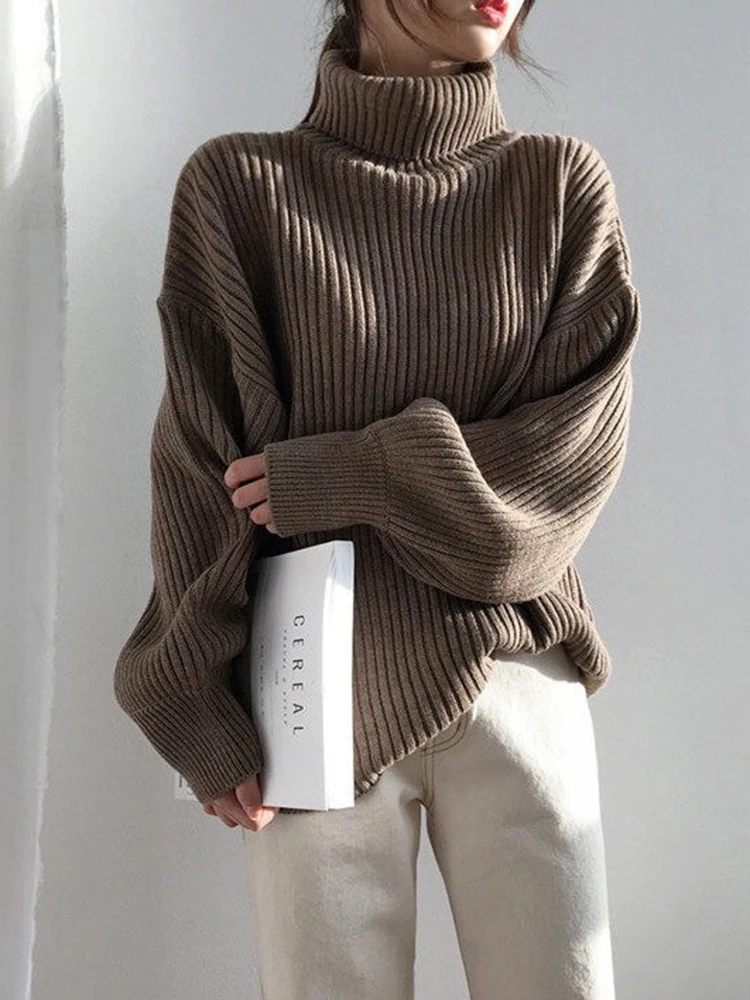 Zoki Korean Simple Turtleneck Sweaters Women Lazy Wind Loose Long Sleeve Office Lady Knitted Pullovers Solid Vintage Autumn Tops