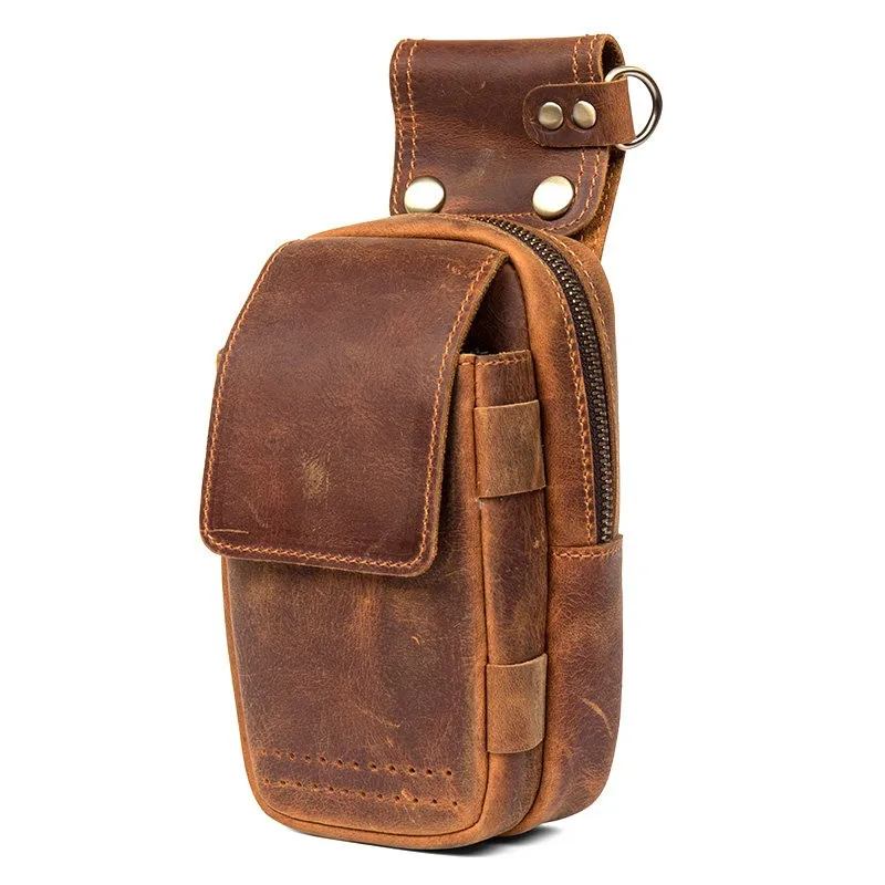 Men's Vintage Handmade Top-Grain Crazy Horse Leather Waist Bag, Multi-functional Waist-Hung Genuine Leather Phone Pouch & Wallet