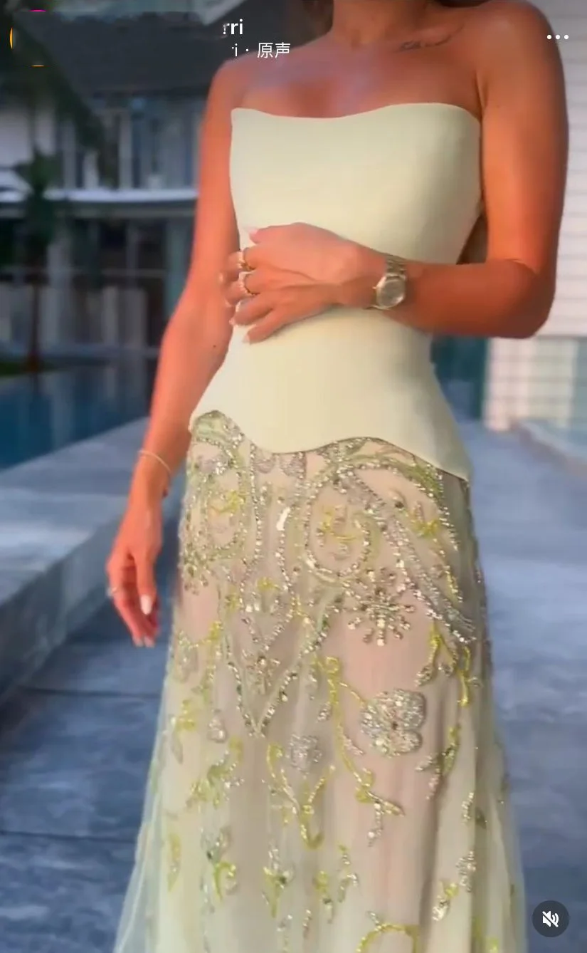 럭셔리 아랍어 파티 드레스 민소매 세이지 여성 드레스 페르시 Strapless Sheer Long Prom 가운 크리스탈 라인 맞춤 제작