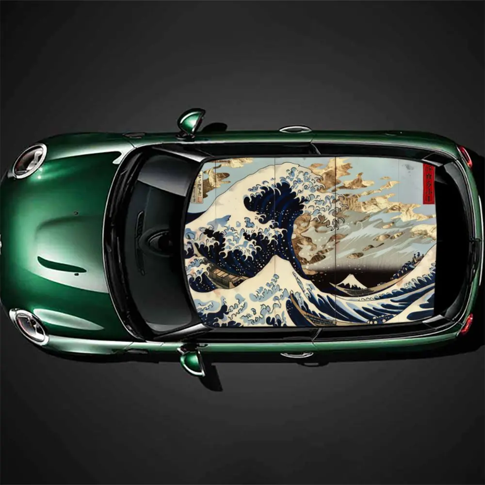 Japanese Sea Wave Art Design Car Roof Sticker Wrap Racing SUV Auto Accessories Packaging PVC Car Hood Graphic Decal Decoration