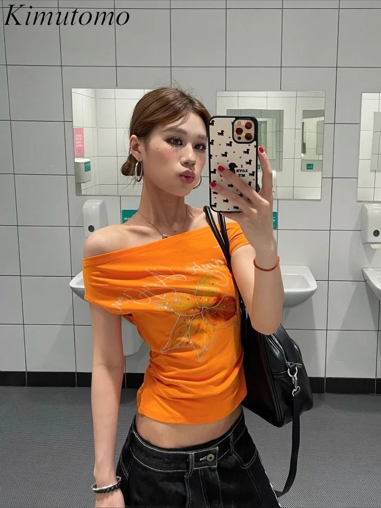 Kimutomo T Shirts Women Diagonal Collar Off Shoulder Short Sleeve Slim Slash Neck Summer Fashion Crop Tops Y2k Harajuku Ladies