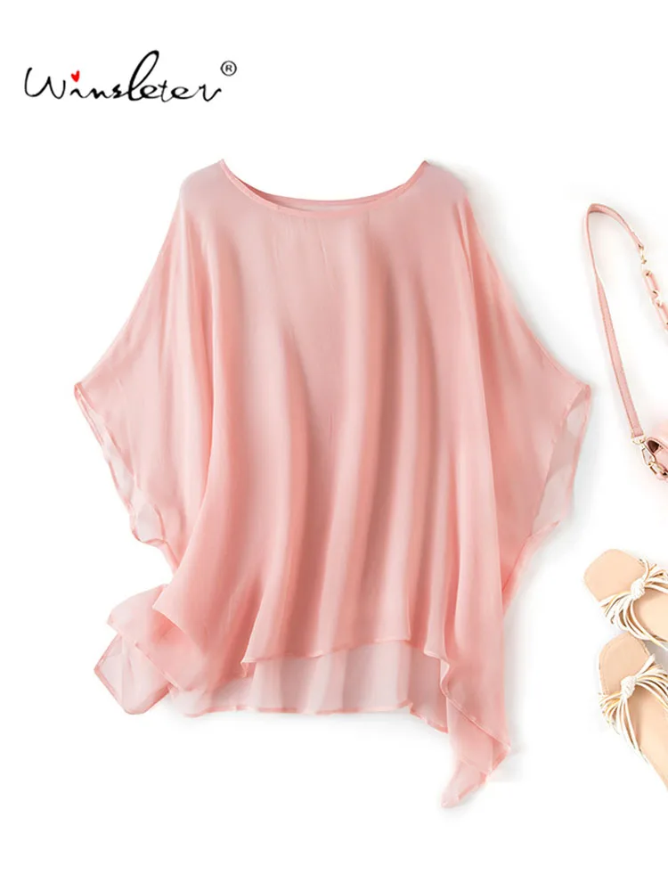 Winsleter-8MM 100%Silk Elegant T-Shirt, O Neck Short Sleeve Solid, Women Vacation Sunscreen Thin Sheer Top, 2026 Summer T67570CC
