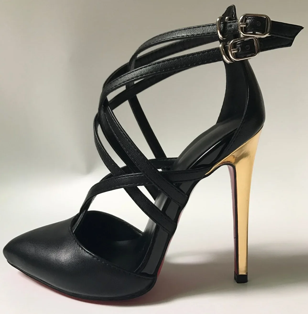 Women Black Leather Fashion Sandals Crisscross Ankle Strap Gold Stiletto Heel Pointed Toe Pumps Party Casual Summer High Heels