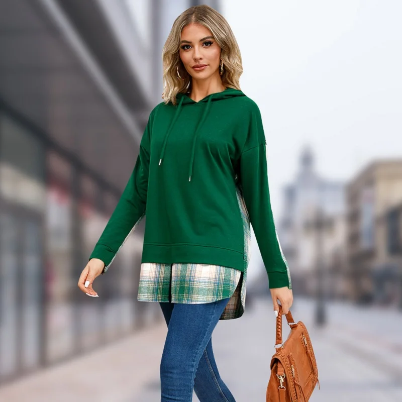 

Wome Fashion Casual Round Neck Drawstring Hooded Plaid Stitching Slit Sweatshirt Top Female Long Sleeve Pullover Ropa De Mujer