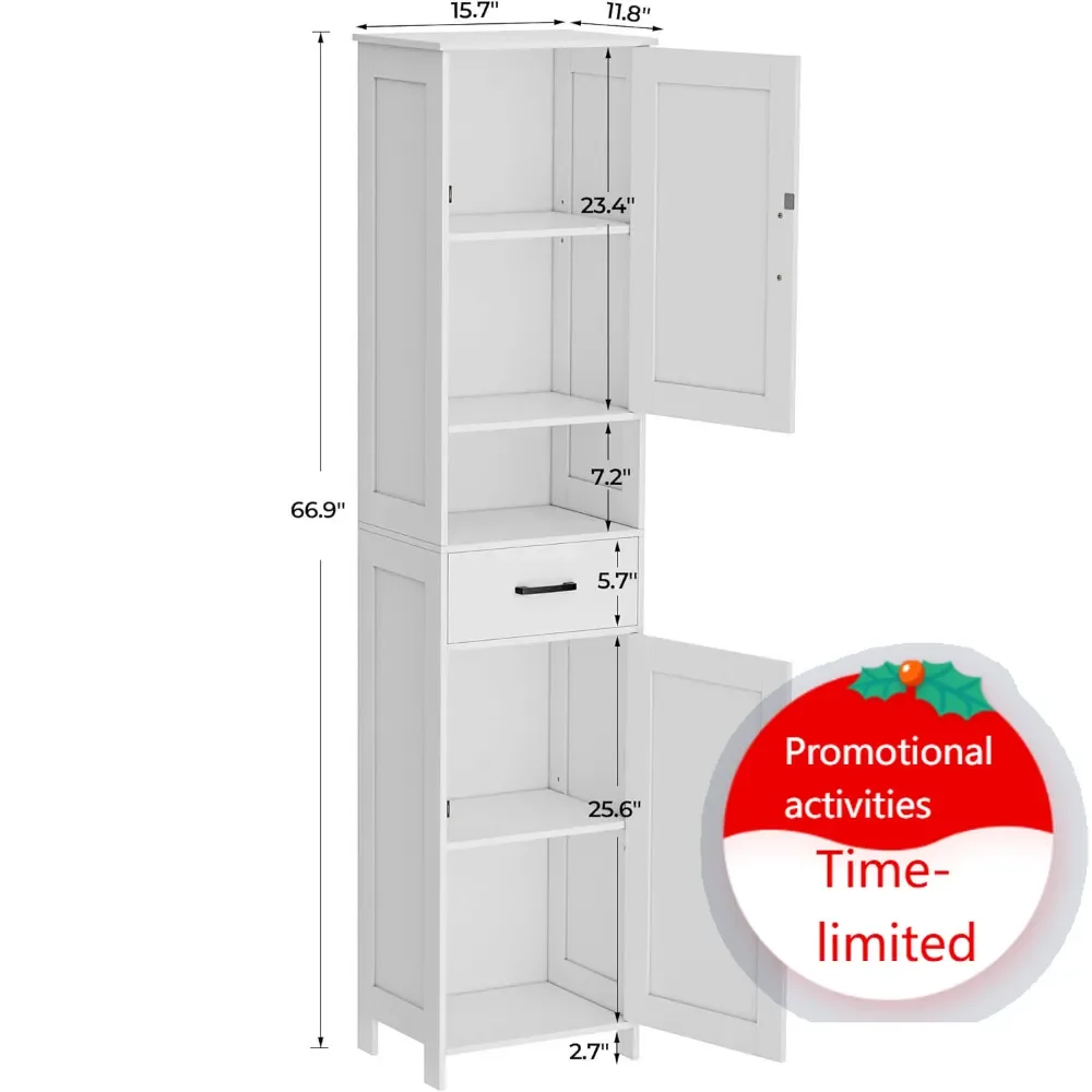 

Wooden Storage67" h tall bathroom storage cabinet with 2 barn doors and 1 drawer, narrow storage unit, adjustable shelves, floor