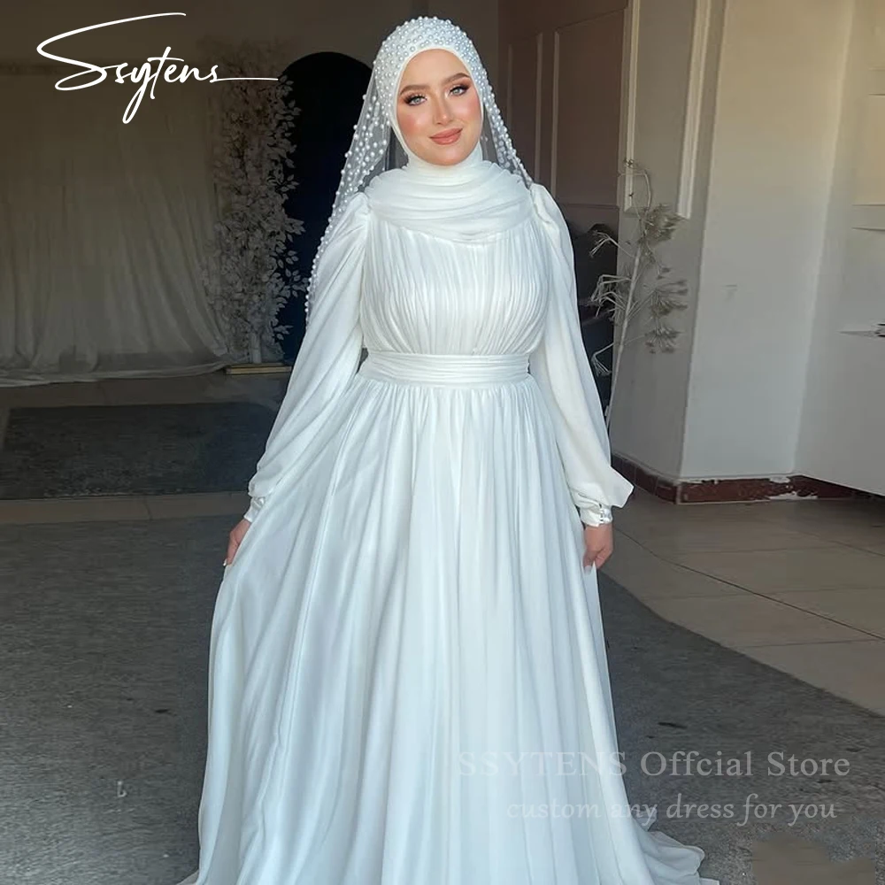 

SSYTENS Long Sleeves Muslim Wedding Dresses for Bride Hijab High Neck Women Arabic Dubai Islamic Bridal Gowns No Pearls Veil