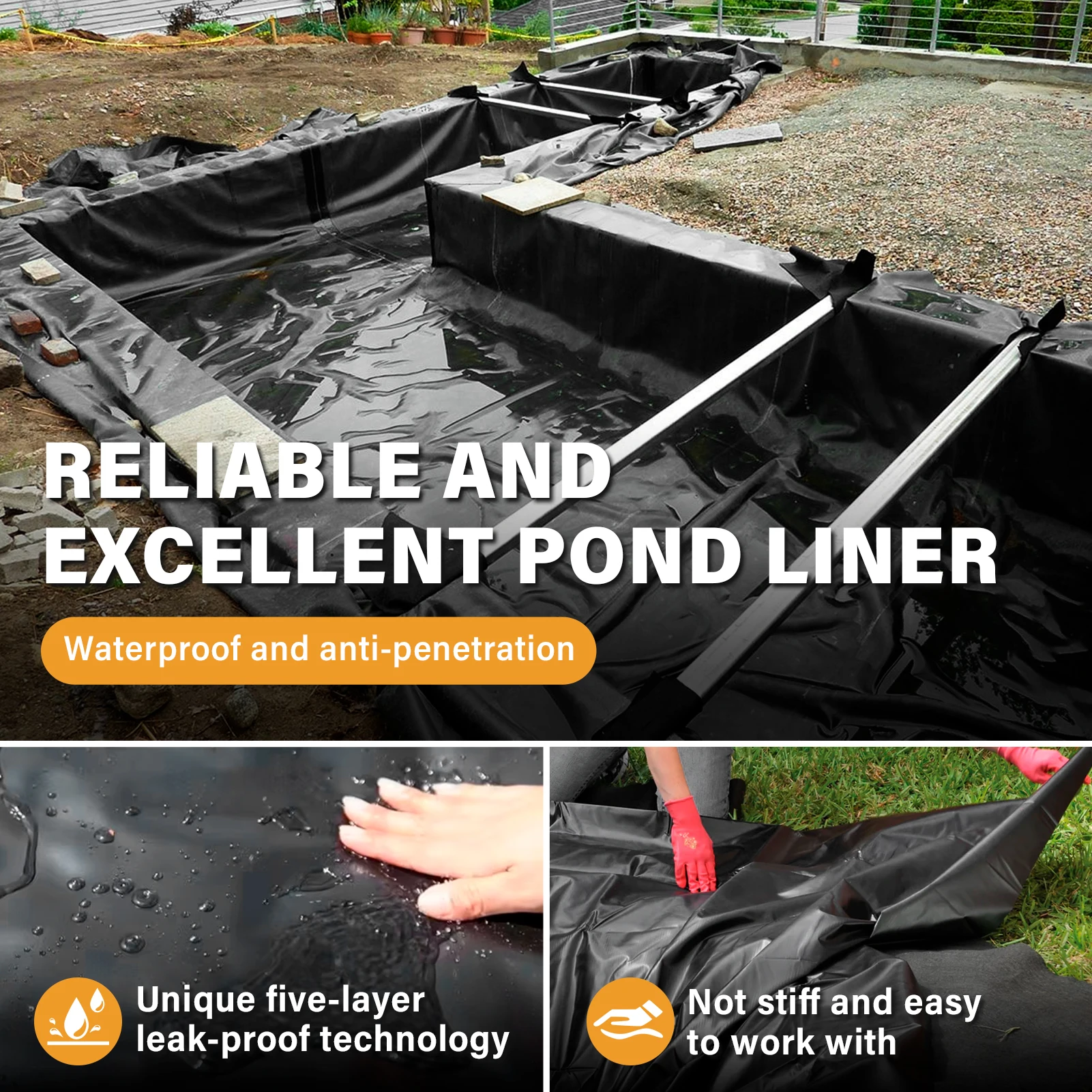 

Heavy Duty 40x40FT Pond Liners 5 Layer Structured Geomembrane, Foldable Leak-Proof Fish Ponds Liner Soft Underlayment for Backyard Waterfall, Garden Water Feature, Koi Fish Pond, Stream, Creek Bed, Commercial Aquaculture