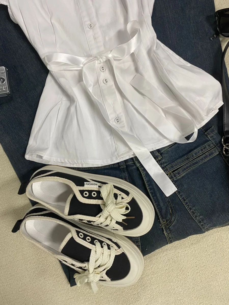 

Collar ort Sve White irt Women's Original Design Knot Waist Cinching Slimming Top for Summer