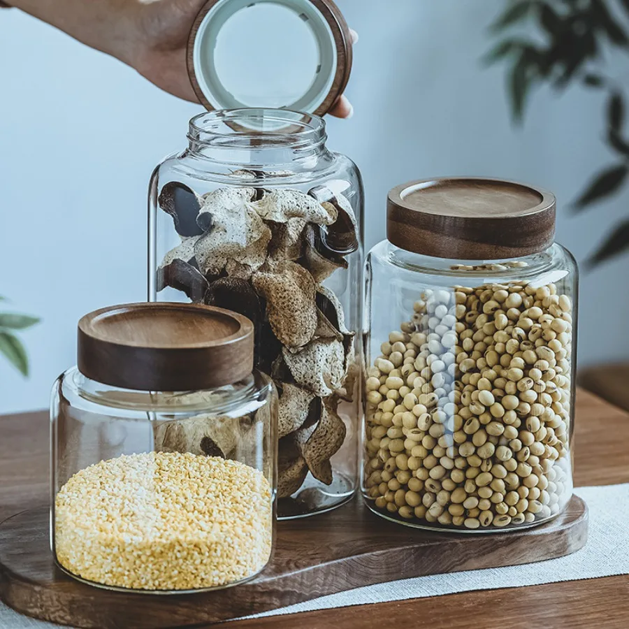 New Small Glass Storage Jars with Airtight Lids, coffee container with Wooden Lid, Glass Pantry Canister for Beans, Rice,Sugar