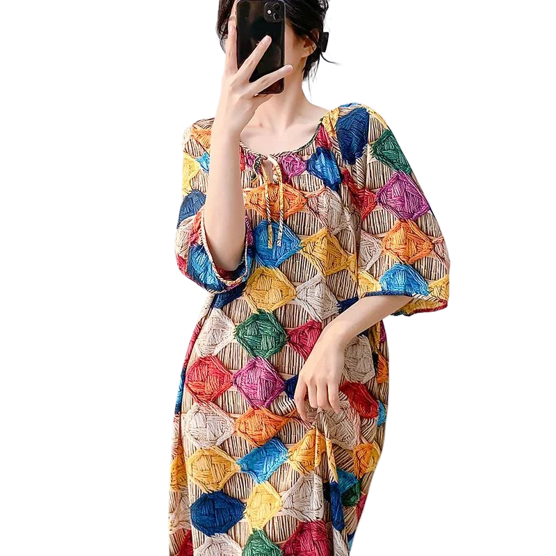 Short-sleeved Cotton and Silk Nightgown Women's Summer Medium-sleeved Long Dress Large-size Maternity Dress Artificial Pajamas