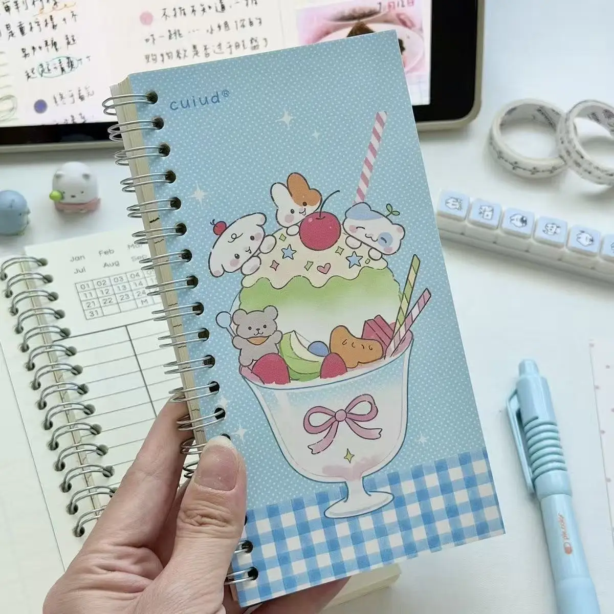 Korean Ins-style Blue Grid Ice Cream Small Animal Coil Notebook Cute Girly Heart Planner Student Diary Notebook Cartoon Ins Gift