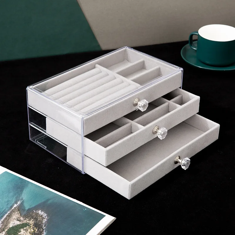 Three-layer jewelry storage box transparent acrylic velvet plaid jewelry necklace ring bracelet storage and organization box