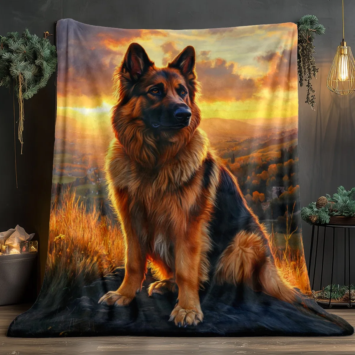 Sunset German Shepherd Flannel Throw Blanket, Rural Hills Dog Portrait Print Soft Warm Blanket for Sofa Bedroom Home Decor