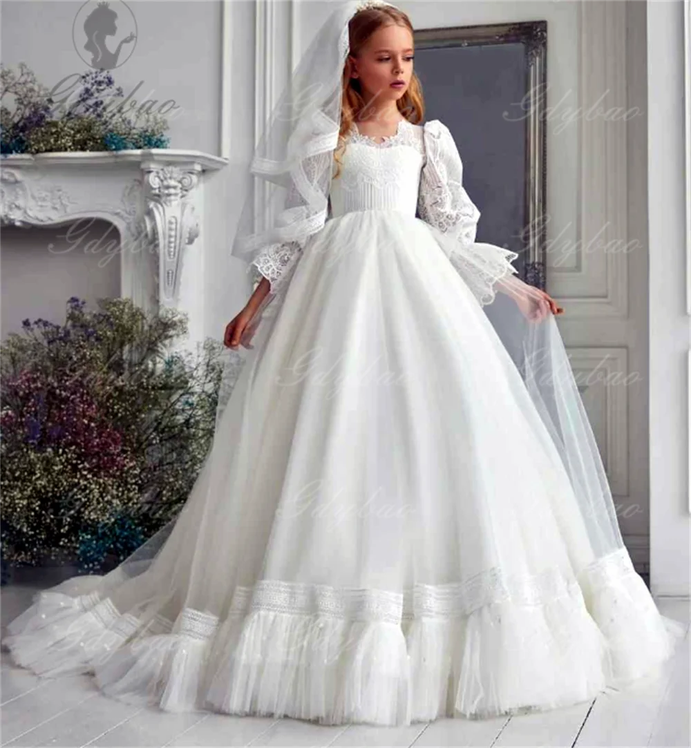 

Tiered Flower Girl Dresses For Wedding Short Sleeves Tulle Glitter Sequined Appliques First Communion Ball Prom Gowns Customized
