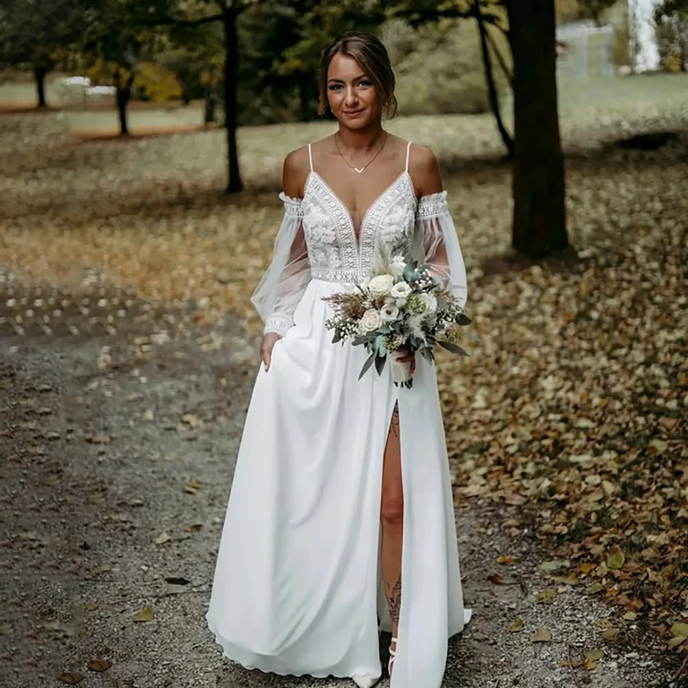 Removable Long Bishop Sleeves Garden Spaghetti Straps Wedding Dress Plus Size Customized High Slit Low Cut Deep V Bridal Gowns