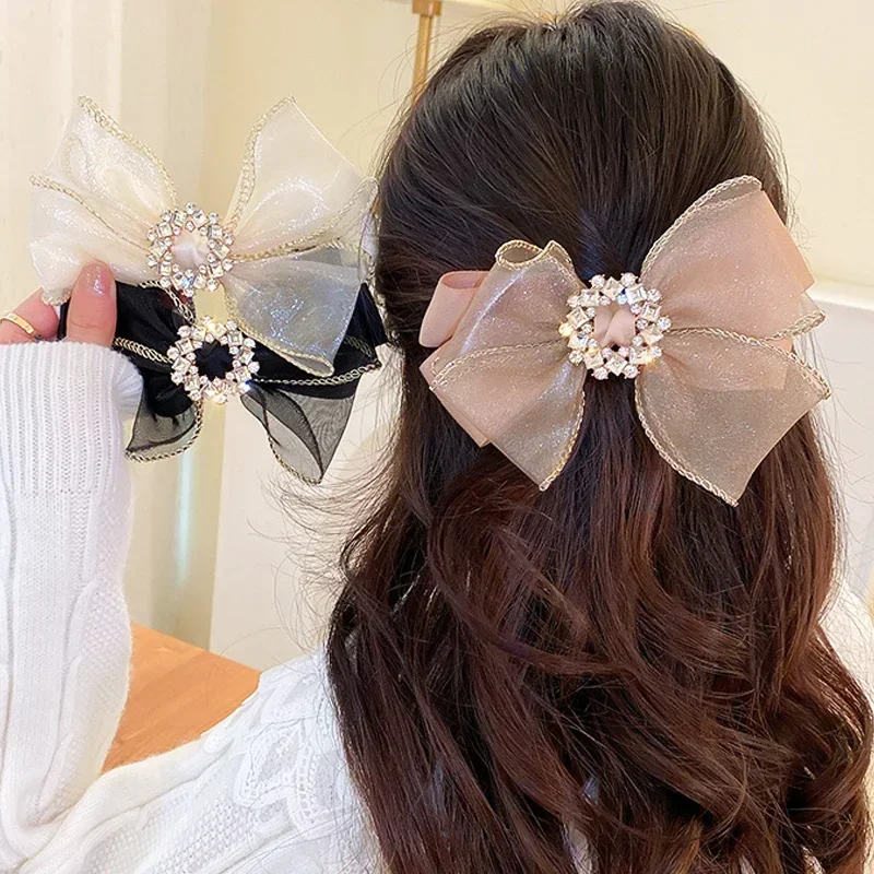 Shiny Full Rhinestone Bow Hair Clip for Girls Fashion Double Mesh Bow Hairpins Barrettes Women Side Bang Clips Hair Accessories