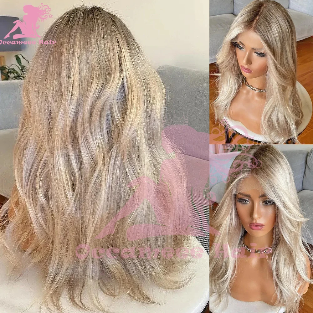 Ash Blonde Wigs human hair Brown Roots13x6 360 lace frontal wig Natural wave Transparent Lace Brazilian Preplucked  Hair Wigs